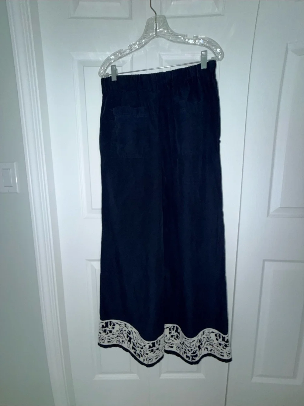 Banana Republic High-Rise Wide-Leg Embroidered Boho Tencel Linen Pants Navy M
